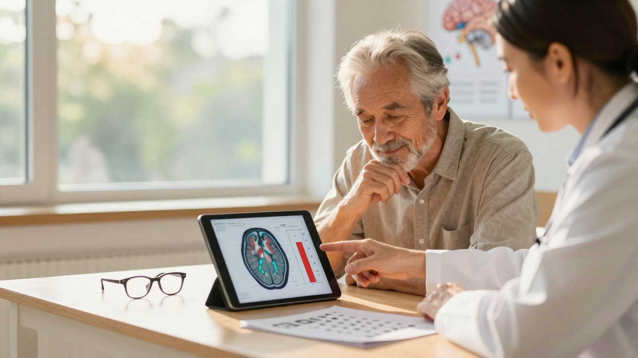 Ärztin erklärt älterem Mann am Tablet eine Gehirnscan-Auswertung in hellen Praxisräumen.