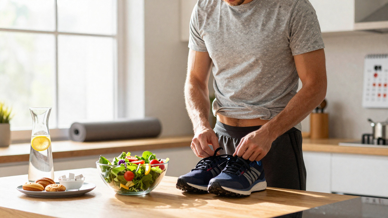 Mann bindet Sportschuhe in der Küche, neben Salatschüssel und Wasserkaraffe mit Zitrone.