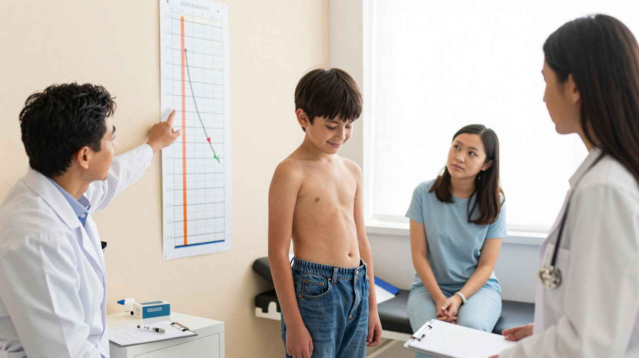 Arzt misst Größe eines Jungen, während eine Frau auf der Untersuchungsliege und eine Krankenschwester zuhören.