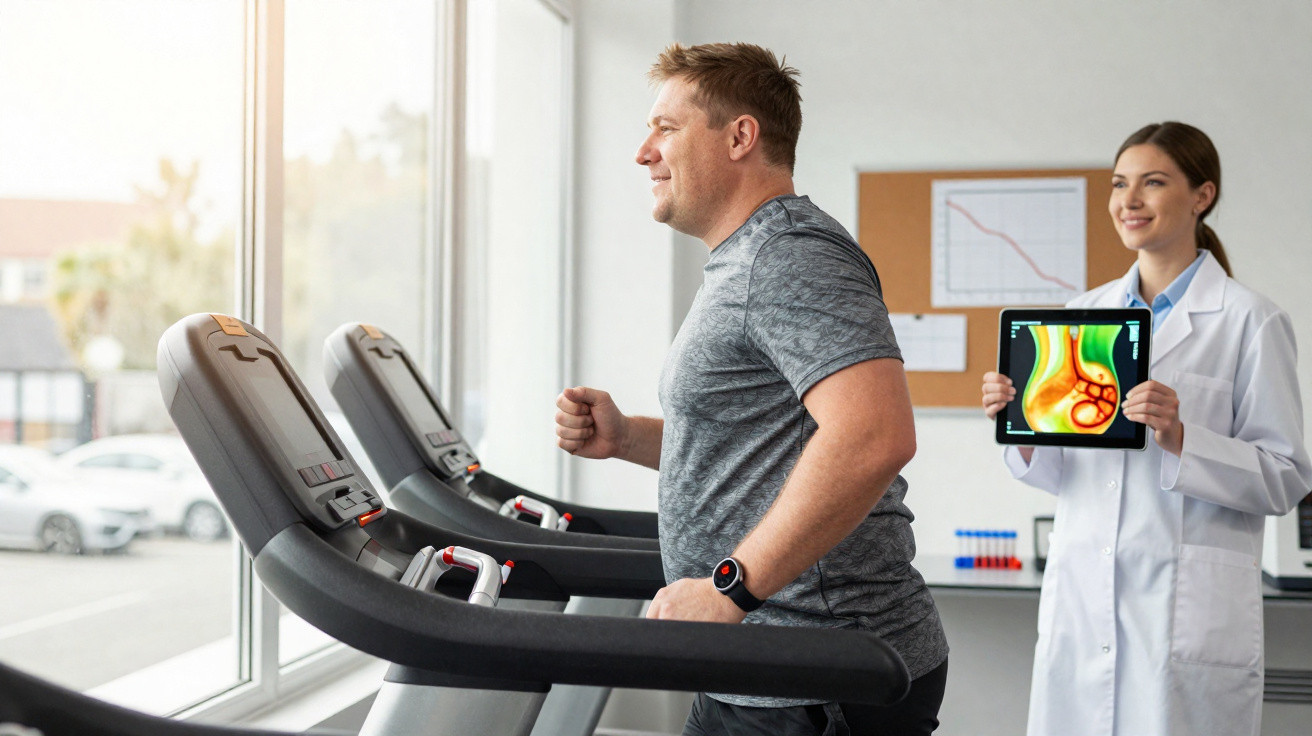 Mann joggt auf Laufband im Fitnessstudio, Ärztin zeigt Röntgenbild eines Knöchels auf Tablet.
