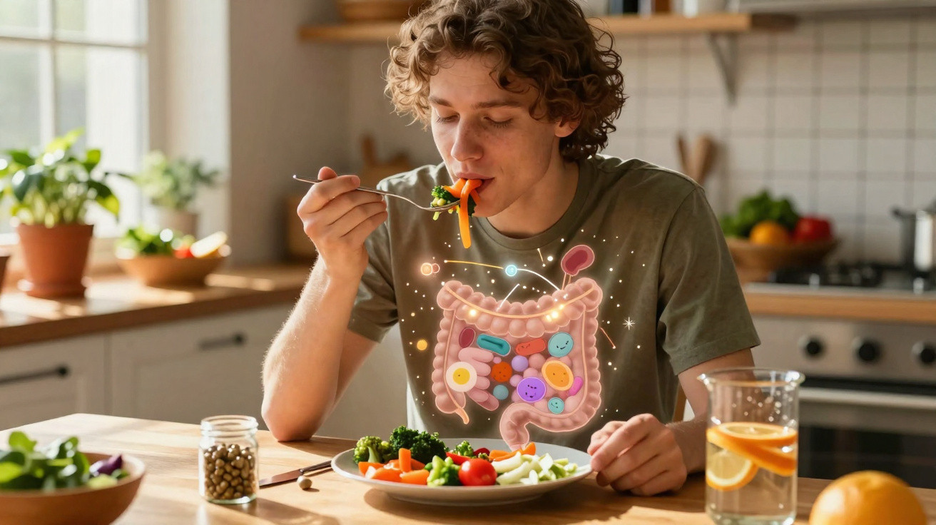 Junger Mann isst Gemüse, digitale Darstellung der Darmgesundheit und probiotischer Bakterien im Bauch.