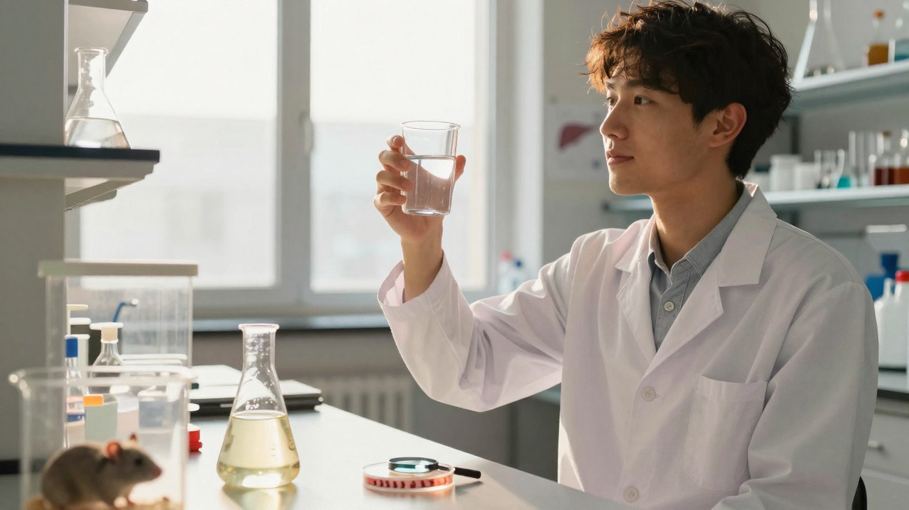 Junger Wissenschaftler im Labor untersucht ein Glas mit klarer Flüssigkeit aufmerksam.
