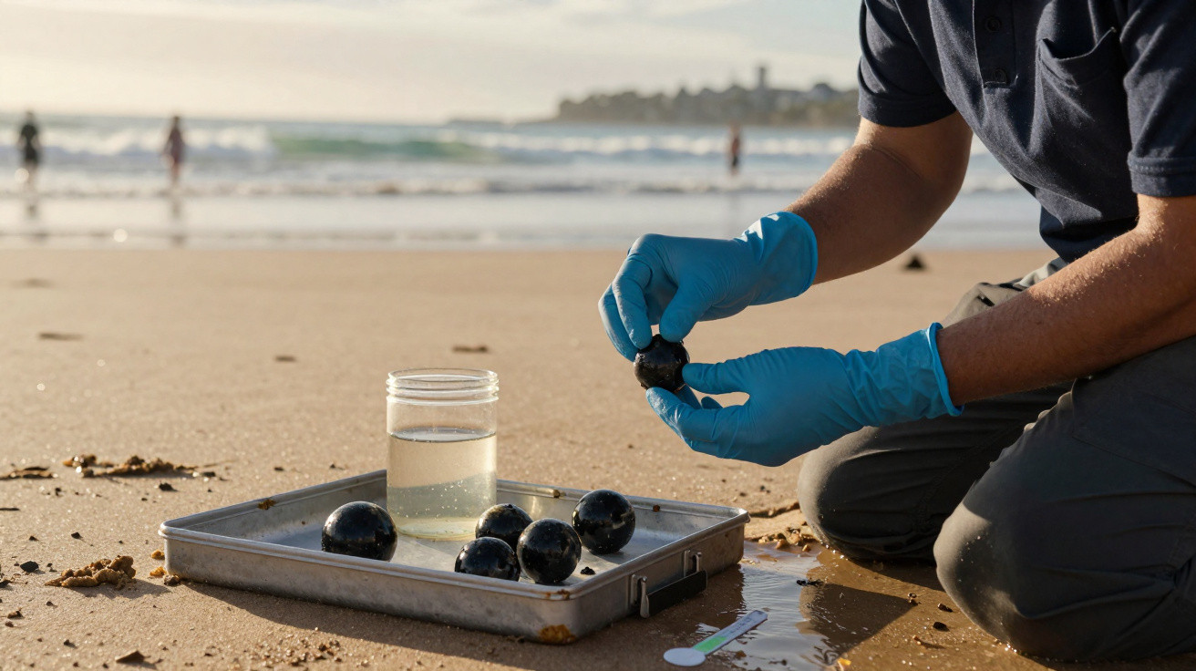 Person mit blauen Handschuhen untersucht schwarze Kugeln am Strand neben einem Glas mit Wasser auf einem Tablett.