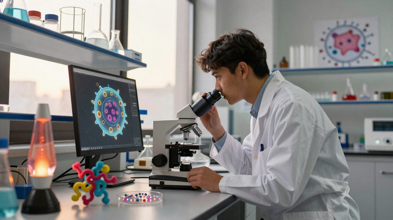 Wissenschaftler im Labor untersucht Virusstruktur durch Mikroskop mit 3D-Virendarstellung auf Computerbildschirm.