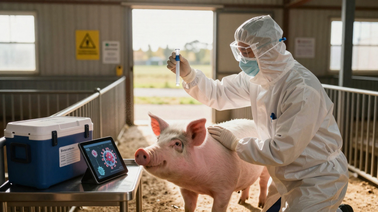 Tierarzt in Schutzanzug untersucht Schwein mit Proberöhrchen in landwirtschaftlicher Umgebung.