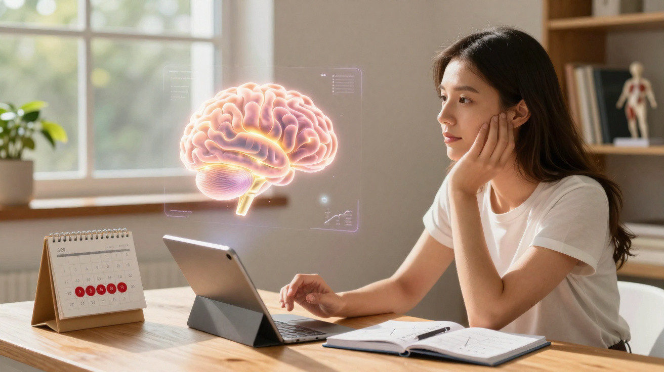 Frau arbeitet am Tablet mit 3D-Hirnprojektion und Notizbuch am Schreibtisch vor Fenster.