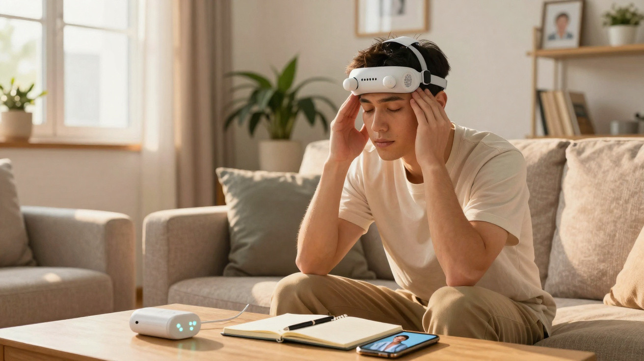 Junger Mann mit VR-Headset entspannt auf Couch, neben Notizbuch und Smartphone auf Holztisch im Wohnzimmer.