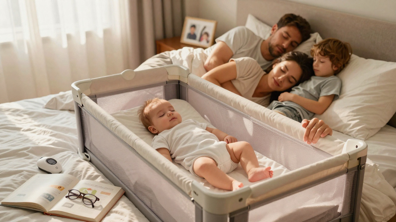 Familie mit Vater, Mutter, Kind und Baby schläft gemeinsam entspannt im Bett mit Babybett nebenan.