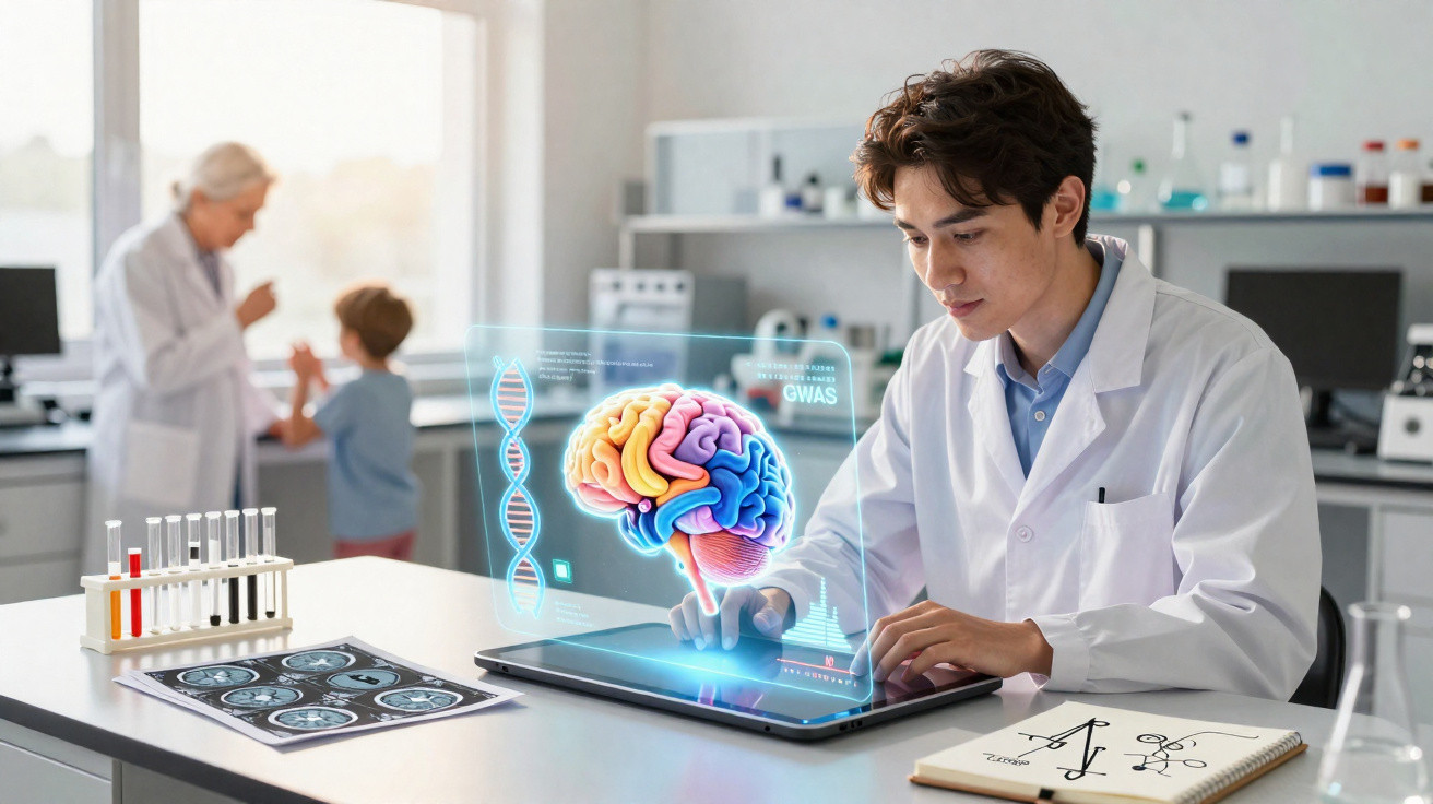 Junger Wissenschaftler untersucht 3D-Hirnmodell und DNA-Proben im Labor mit holografischer Technologie.