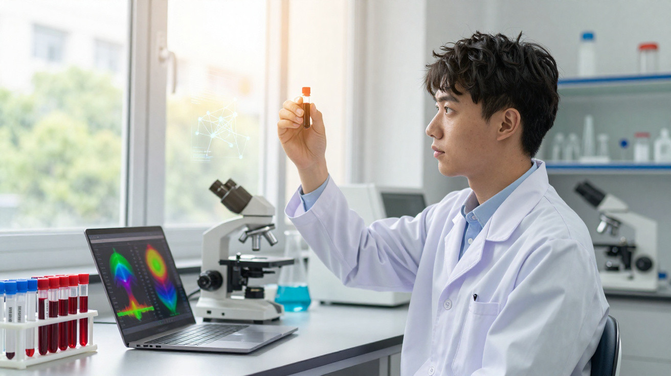 Wissenschaftler im Labor analysiert Probefläschchen, Laptop und Mikroskop auf dem Tisch vor großem Fenster.