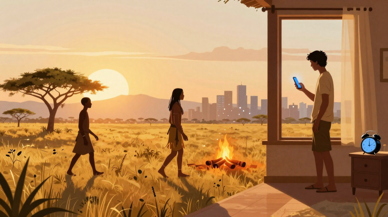 Zwei traditionelle Menschen bei Sonnenuntergang in der Savanne, daneben ein moderner Mensch mit Smartphone am Fenster.