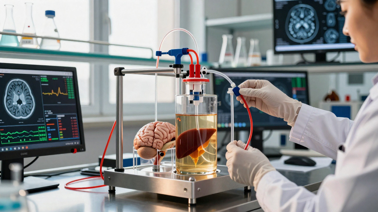 Laborantin arbeitet mit bioartifiziellen Organmodellen Gehirn und Leber im Reagenzglas im Labor.