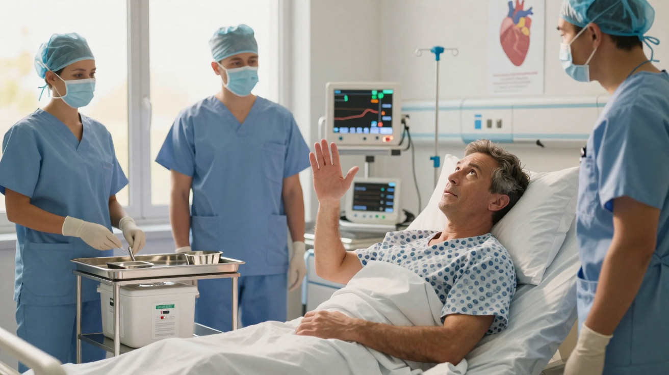 Krankenhauszimmer mit Patient im Bett und drei Ärzten in Schutzkleidung bei der Behandlung.