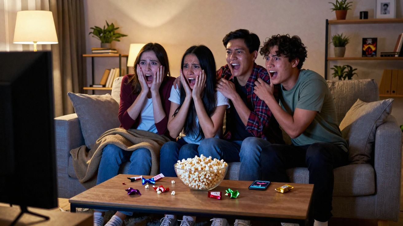 Vier junge Leute sitzen gespannt auf einem Sofa und schauen überrascht einen Fernsehbildschirm an.