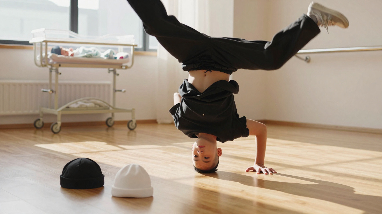 Junge macht einen Handstand auf Holzboden in hellem Raum mit Babybett im Hintergrund.