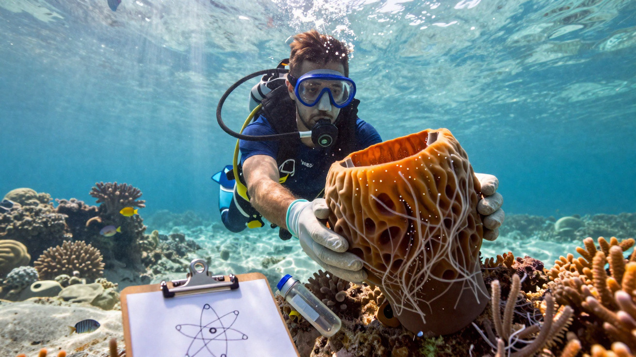 Taucher untersucht Unterwasser-Schwamm in Korallenriff mit wissenschaftlichem Klemmbrett und Ausrüstung.