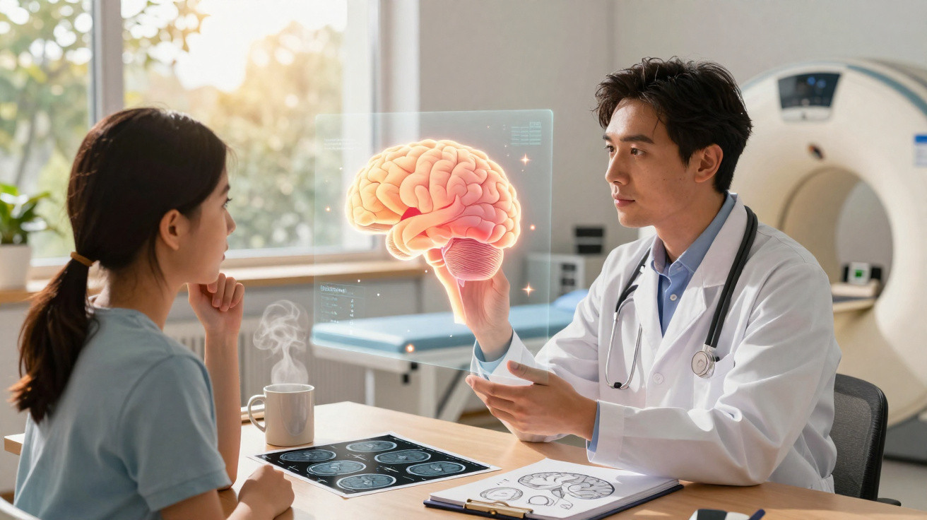 Arzt erklärt Patientin mit virtueller 3D-Gehirnprojektion im medizinischen Beratungsraum.