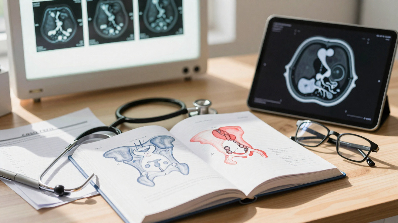 Arztarbeitsplatz mit anatomischem Lehrbuch, Stethoskop, Röntgenbildern und Tablet mit MRT-Aufnahmen der Lunge.