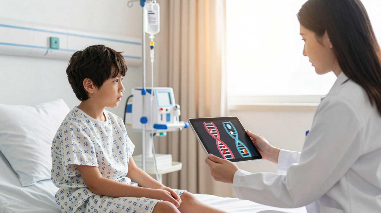 Ärztin zeigt Kind auf Krankenhausbett DNA-Strukturen auf Tablet in heller Patientenzimmerumgebung.