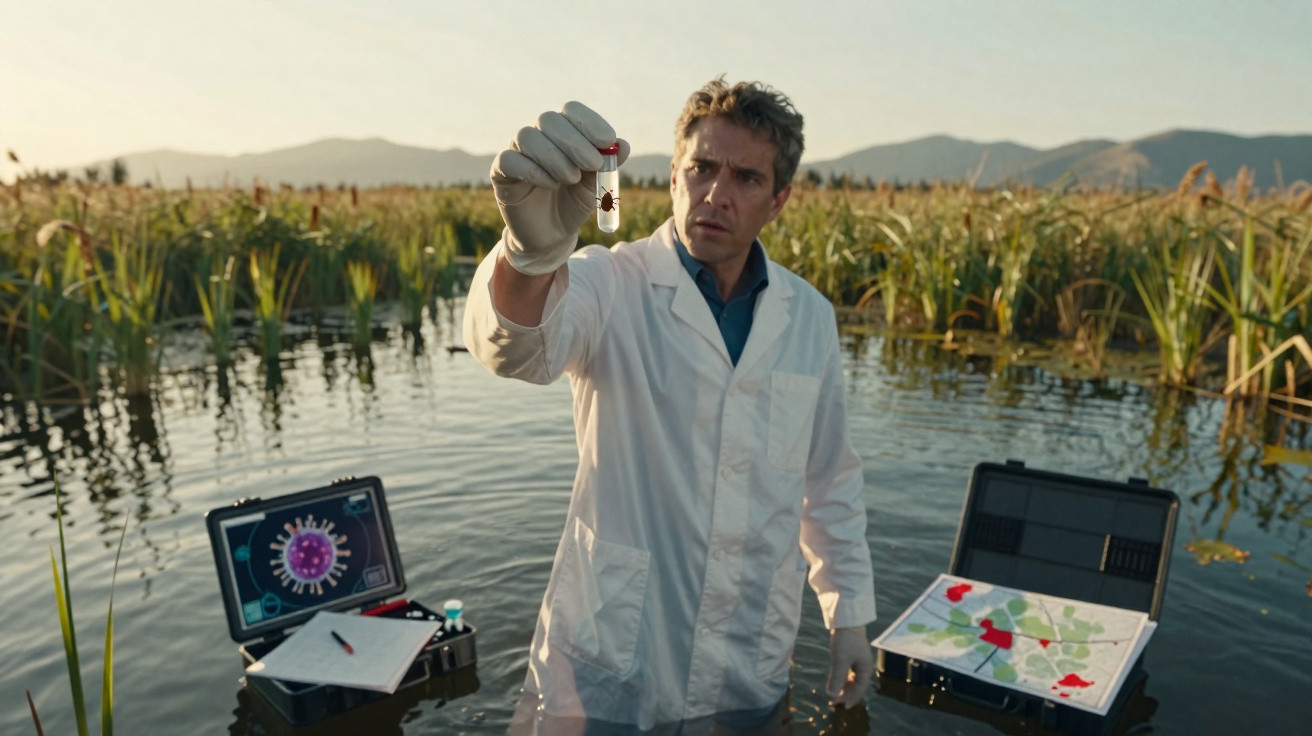 Wissenschaftler im weißen Kittel steht im Wasser mit Wasserprobe und Ausrüstung zur Untersuchung der Umweltverschmutzung.