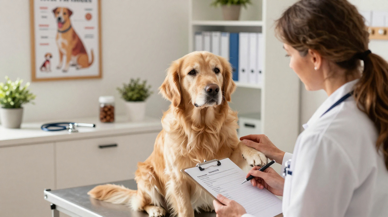 Golden Retriever sitzt auf Untersuchungstisch, Tierärztin hält Pfote und füllt Kladde aus im Behandlungsraum.