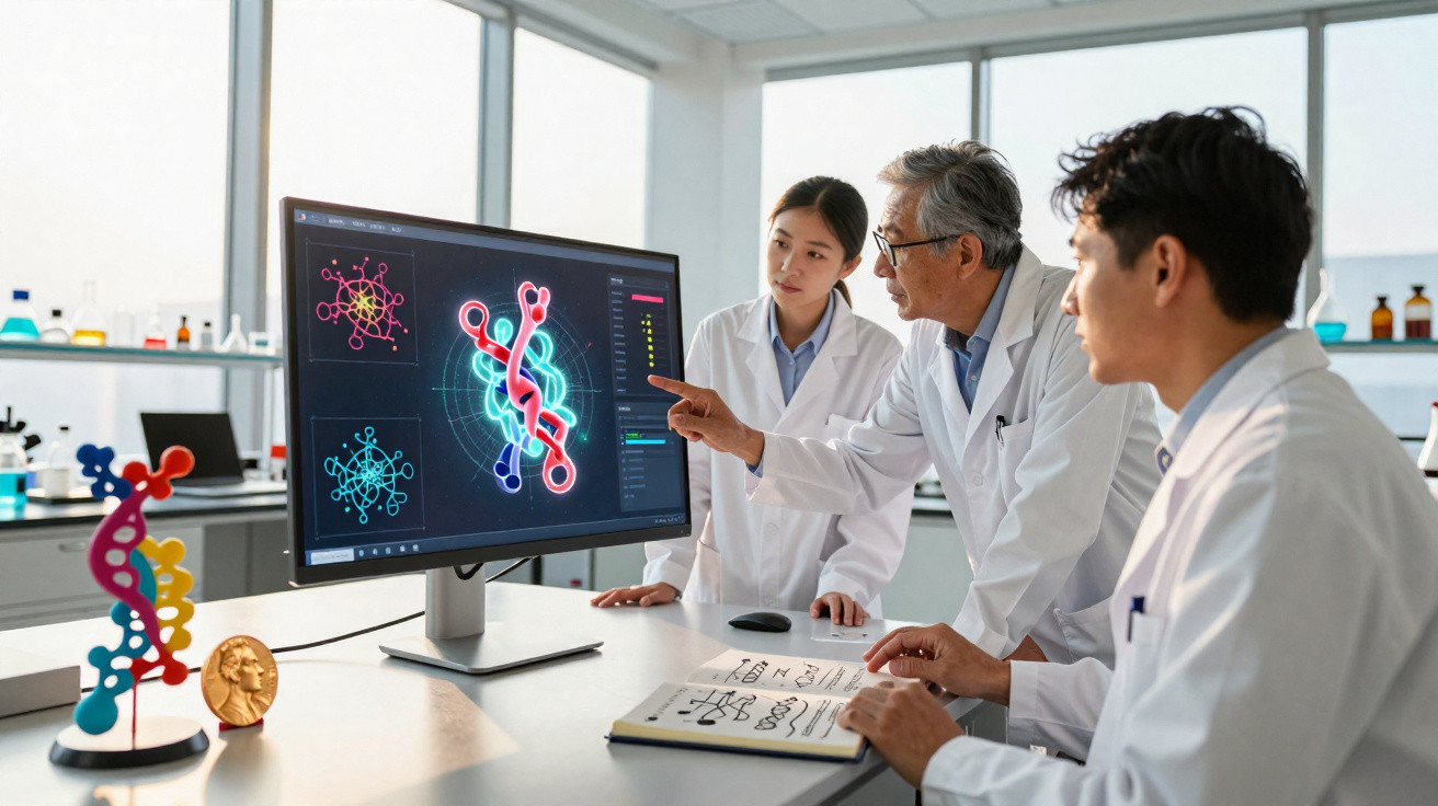 Drei Wissenschaftler im Labor analysieren Molekülstrukturen auf einem Computermonitor und notieren Ergebnisse.