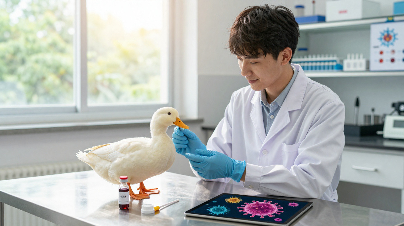 Wissenschaftler mit Laborkittel und Handschuhen untersucht Ente in Labor mit Virus-Illustrationen auf Tablet.