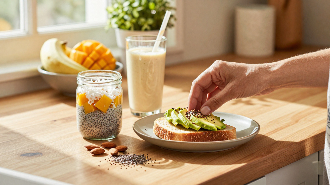 Hand legt Chiasamen auf Avocado-Brot, daneben Chia-Pudding mit Mango, Mandeln und Smoothie auf Holztisch am Fenster