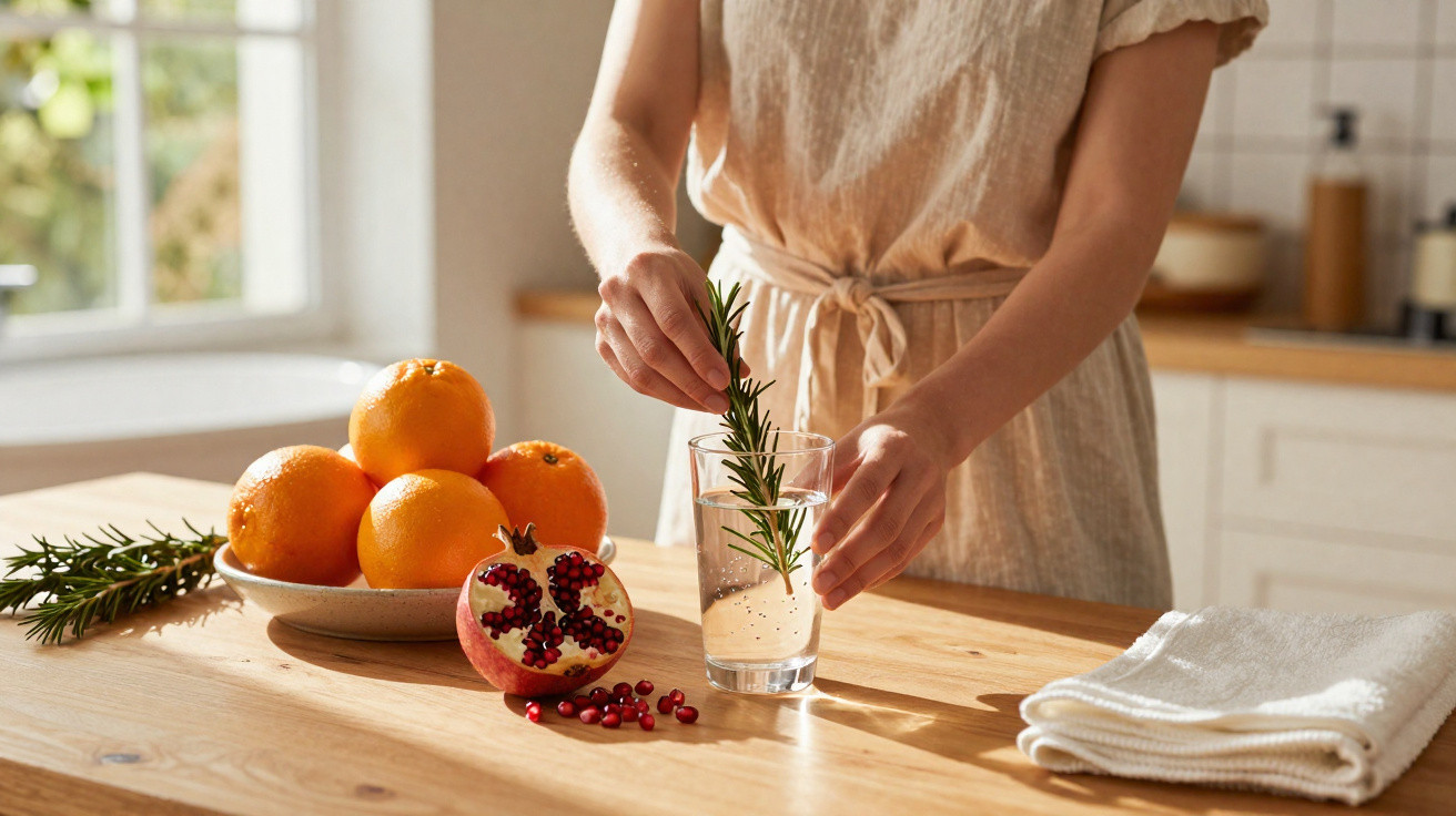 Frau bereitet Wasser mit Rosmarinzweig zu, Granatapfel und Orangen auf Holztisch in heller Küche.