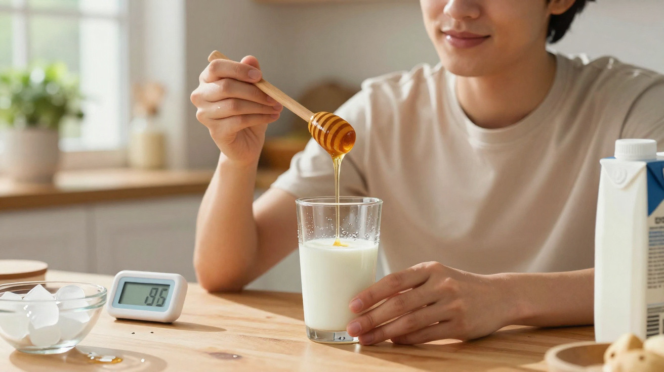 Junger Mann gießt Honig mit Holzlöffel in ein Glas Milch am Küchentisch mit Thermometer.