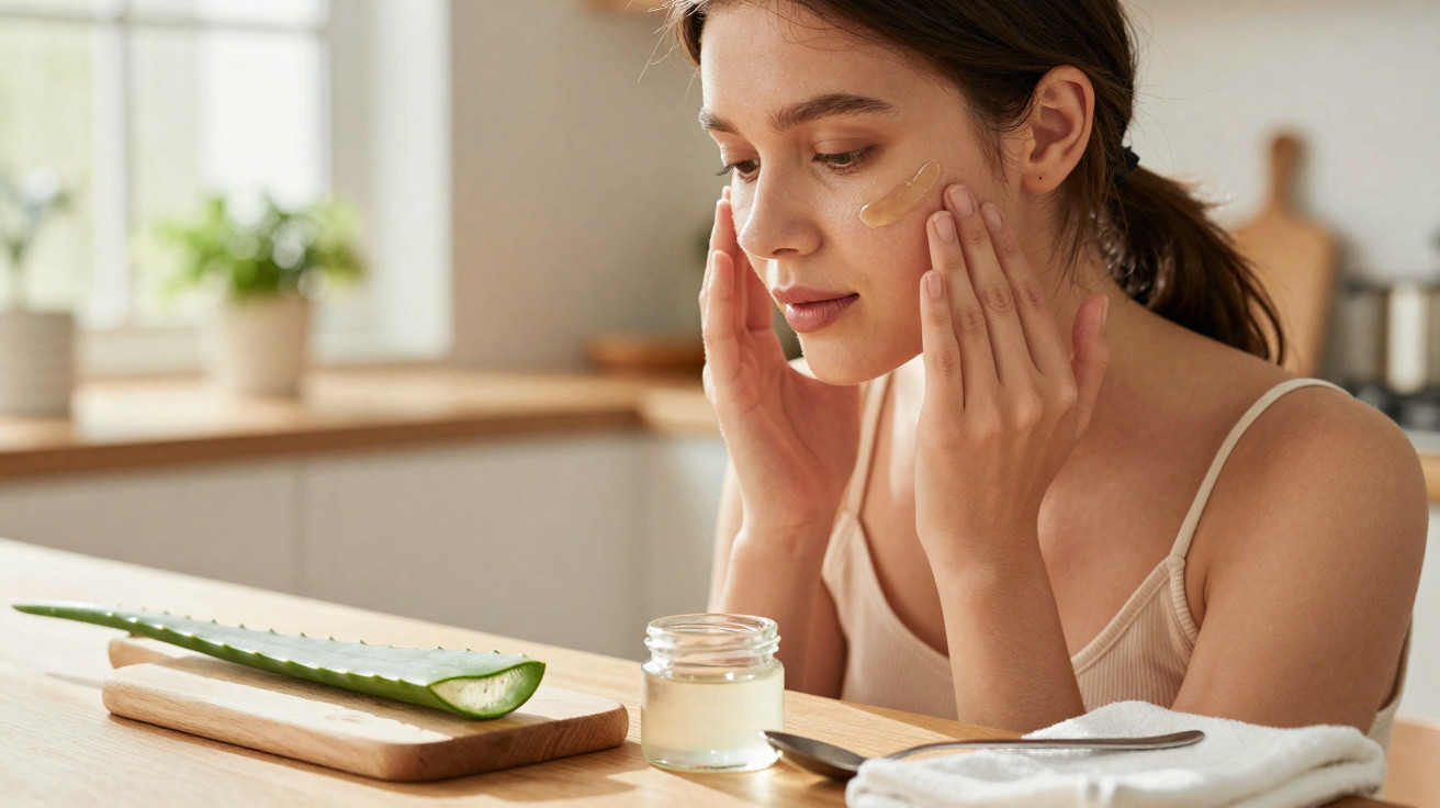 Frau trägt Gesichtscreme auf, daneben Aloe-Vera-Blatt und Glas mit Hautpflegeprodukt auf Küchentisch.