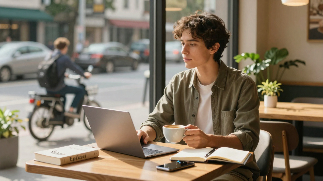 Junger Mann sitzt im Café mit Laptop, trinkt Kaffee und hat ein Buch und Smartphone auf dem Tisch.