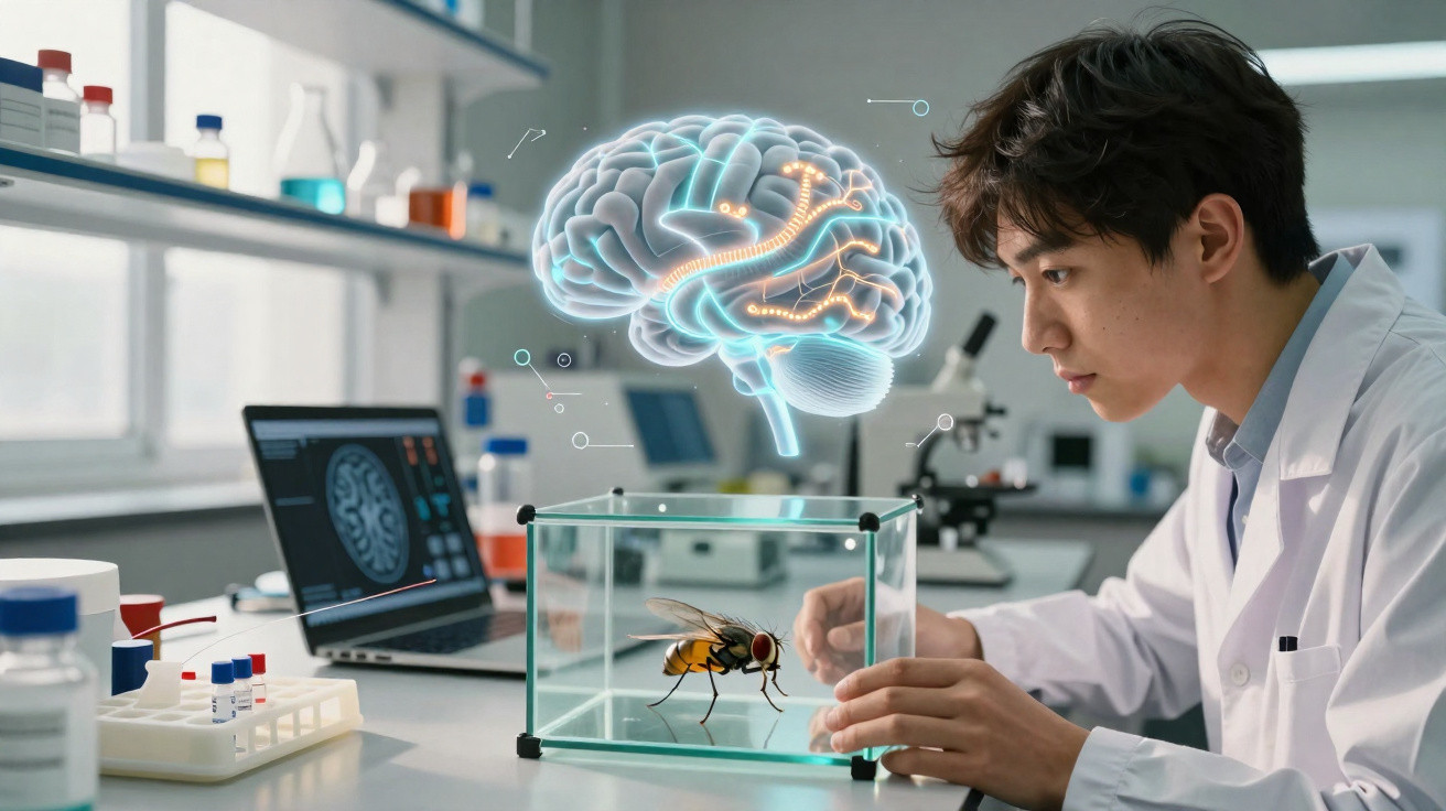 Wissenschaftler untersucht Fliege im Glasbehälter mit digitalem 3D-Hirnmodell im Labor.