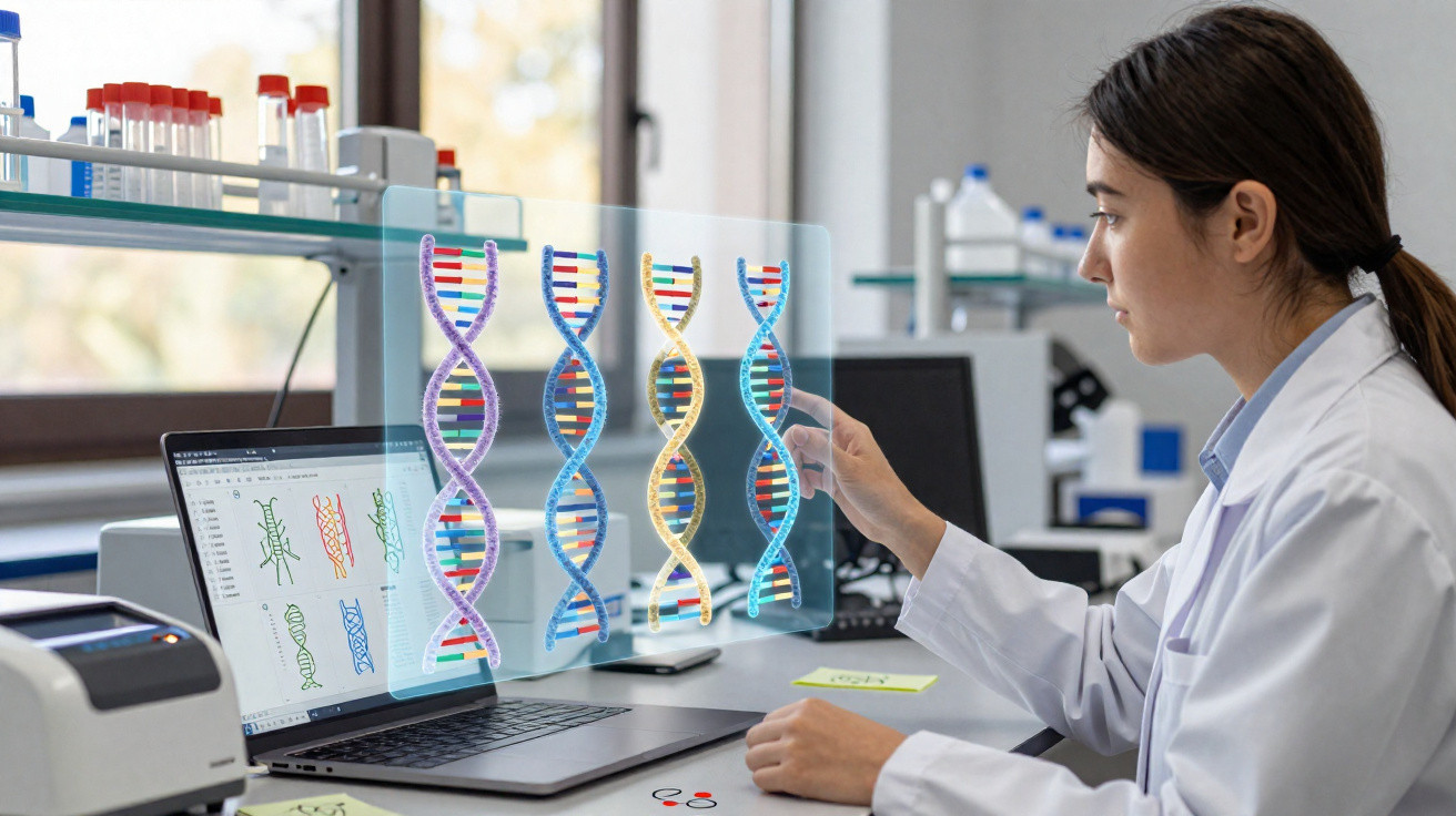 Wissenschaftlerin im Labor analysiert digitale DNA-Strukturen auf einem Laptop mit virtuellen Modellen.