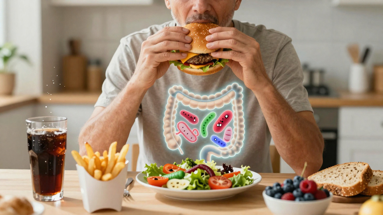 Mann isst Burger, im Vordergrund Pommes, Salat, Beeren, Brot, Darstellung des Darms mit Bakterien im Körper.