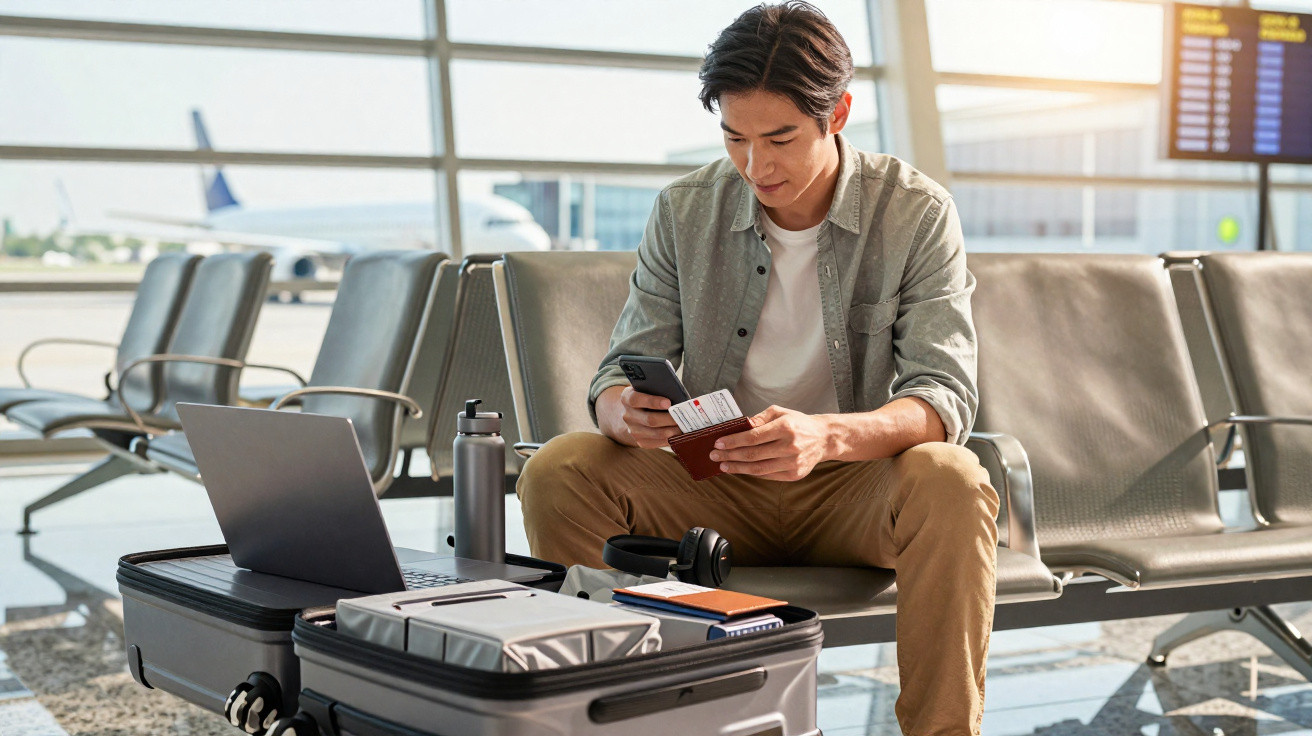 Junger Mann sitzt am Flughafen mit Handy, Reisepass und Laptop neben Koffer und wartet auf den Flug.