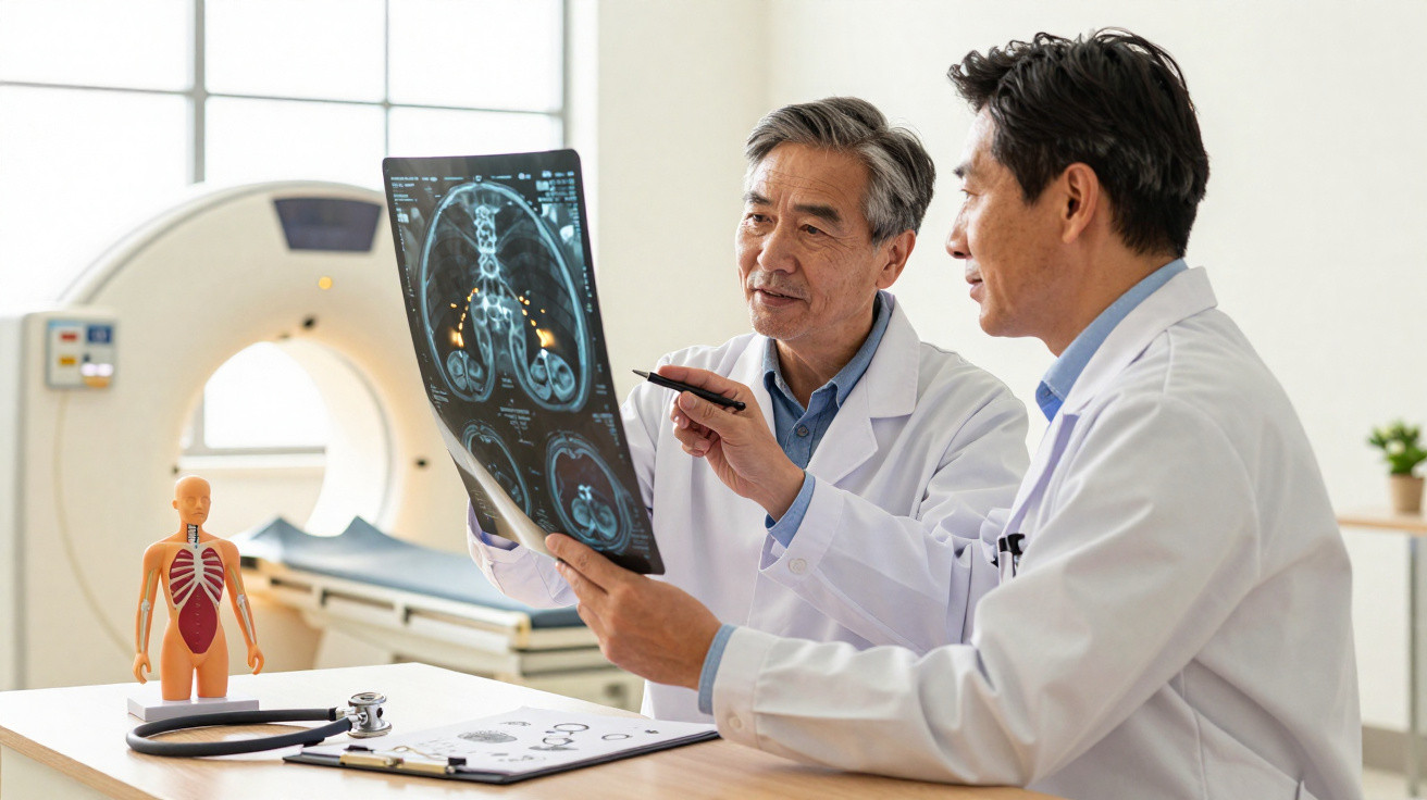 Zwei Ärzte besprechen gemeinsam Röntgenbilder in einem hellen Untersuchungsraum mit CT-Scanner.