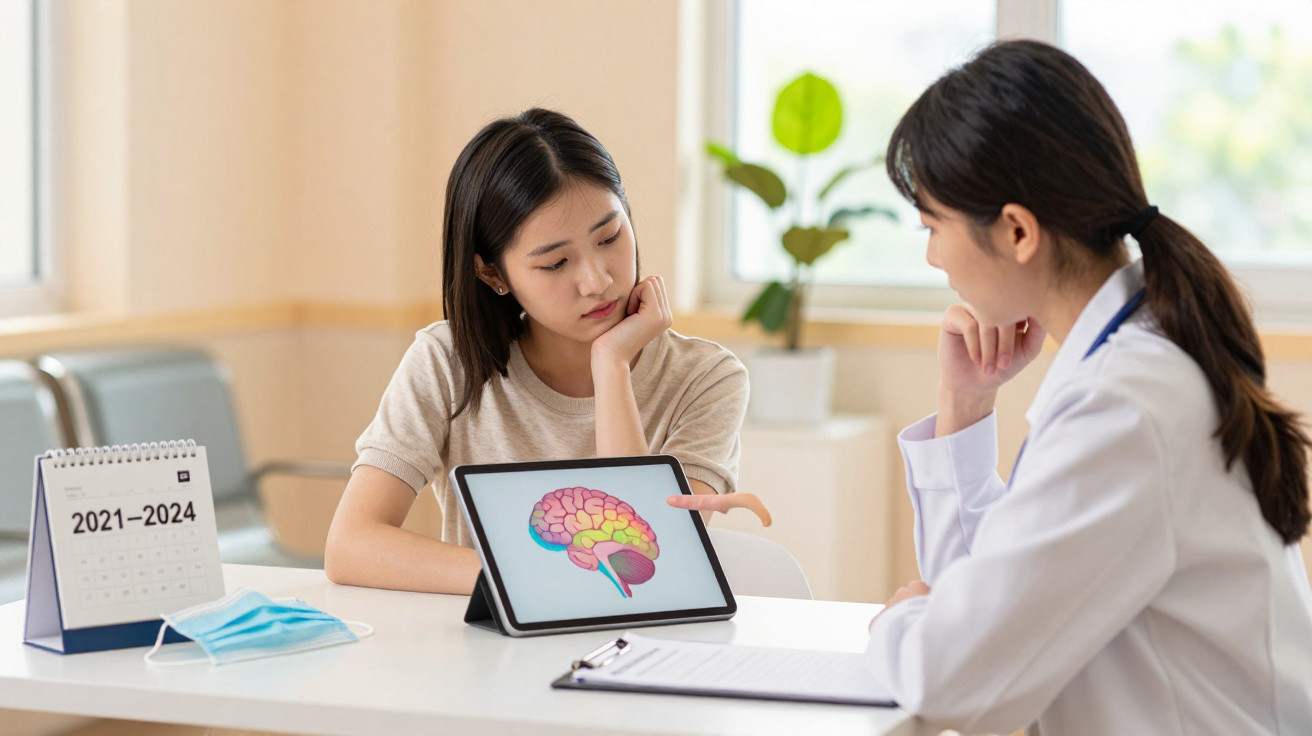 Ärztin erklärt Patientin am Tablet ein farbiges Gehirnmodell im hellen Behandlungszimmer.
