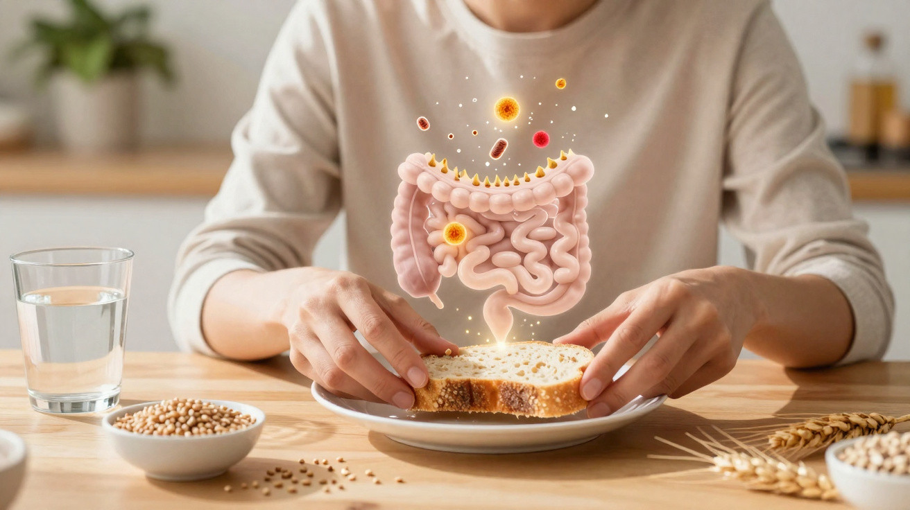 Person hält ein Brotstück, darüber animierte Darstellung des menschlichen Darms mit Bakterien, Wasser und Getreide auf dem Ti