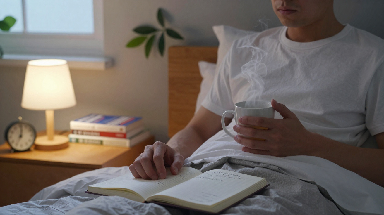 Mann sitzt im Bett, hält dampfende Tasse und liest ein aufgeschlagenes Buch im warmen Licht der Nachttischlampe.
