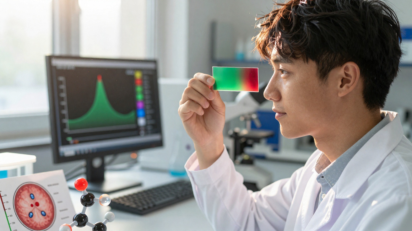 Junger Wissenschaftler im Labor analysiert bunten Teststreifen vor Computer mit Diagramm.