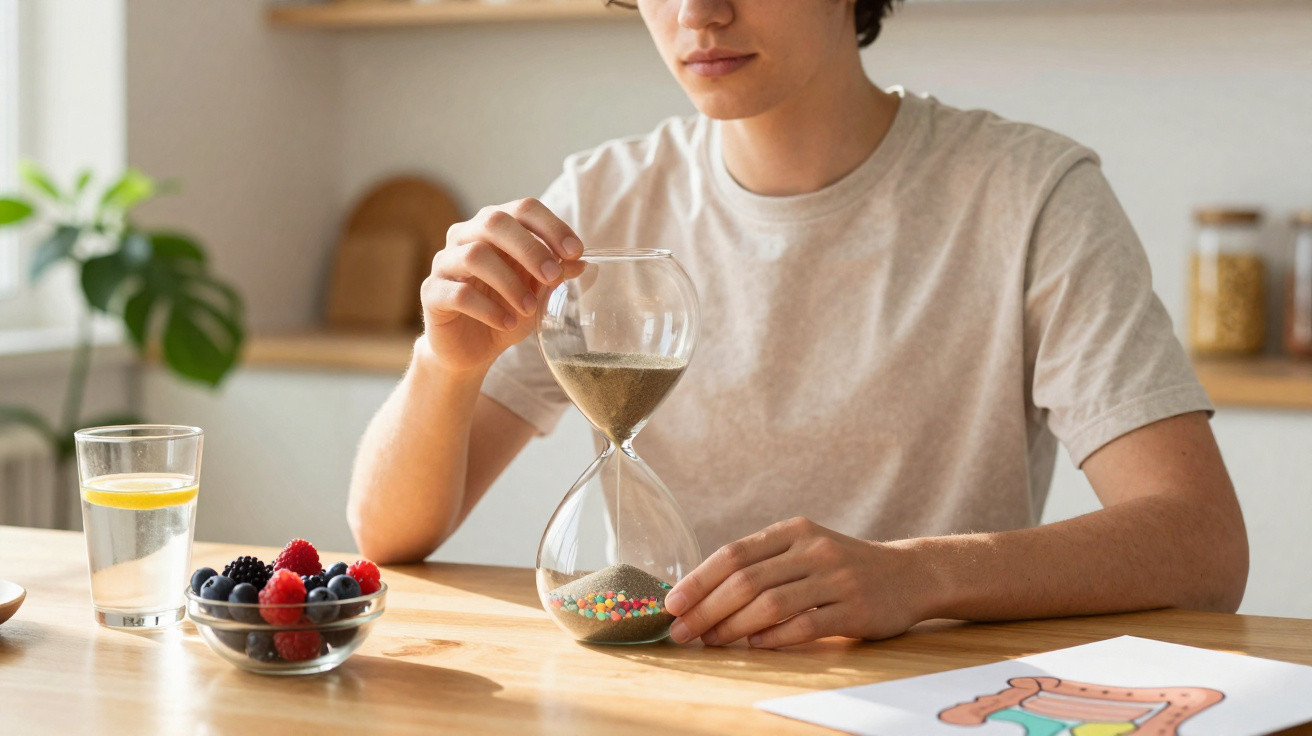 Junger Mann sitzt am Tisch und dreht eine Sanduhr, daneben Obstschale und Glas Wasser mit Zitrone.