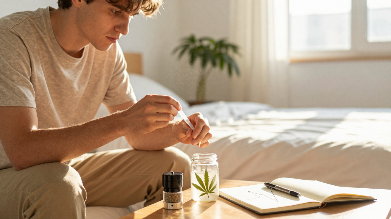 Junger Mann sitzt am Bett und füllt Pipette in Glas mit Wasser und Cannabisblatt ab.