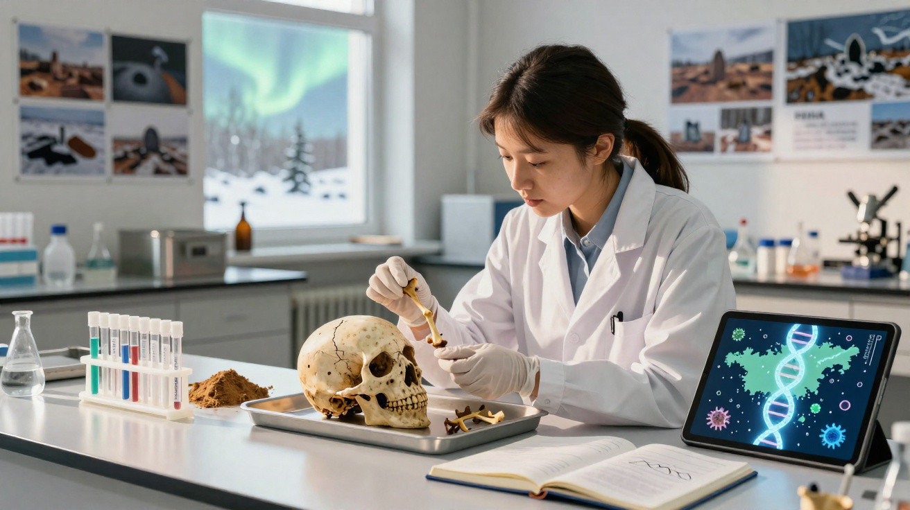 Wissenschaftlerin untersucht einen Schädel und Knochen im Labor mit DNA-Diagramm auf Tablet.