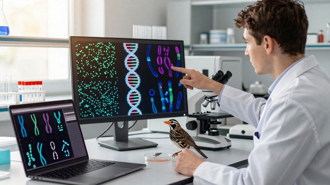 Wissenschaftler analysiert genetische Daten am Computer, mit Vogel und Mikroskop im Labor.