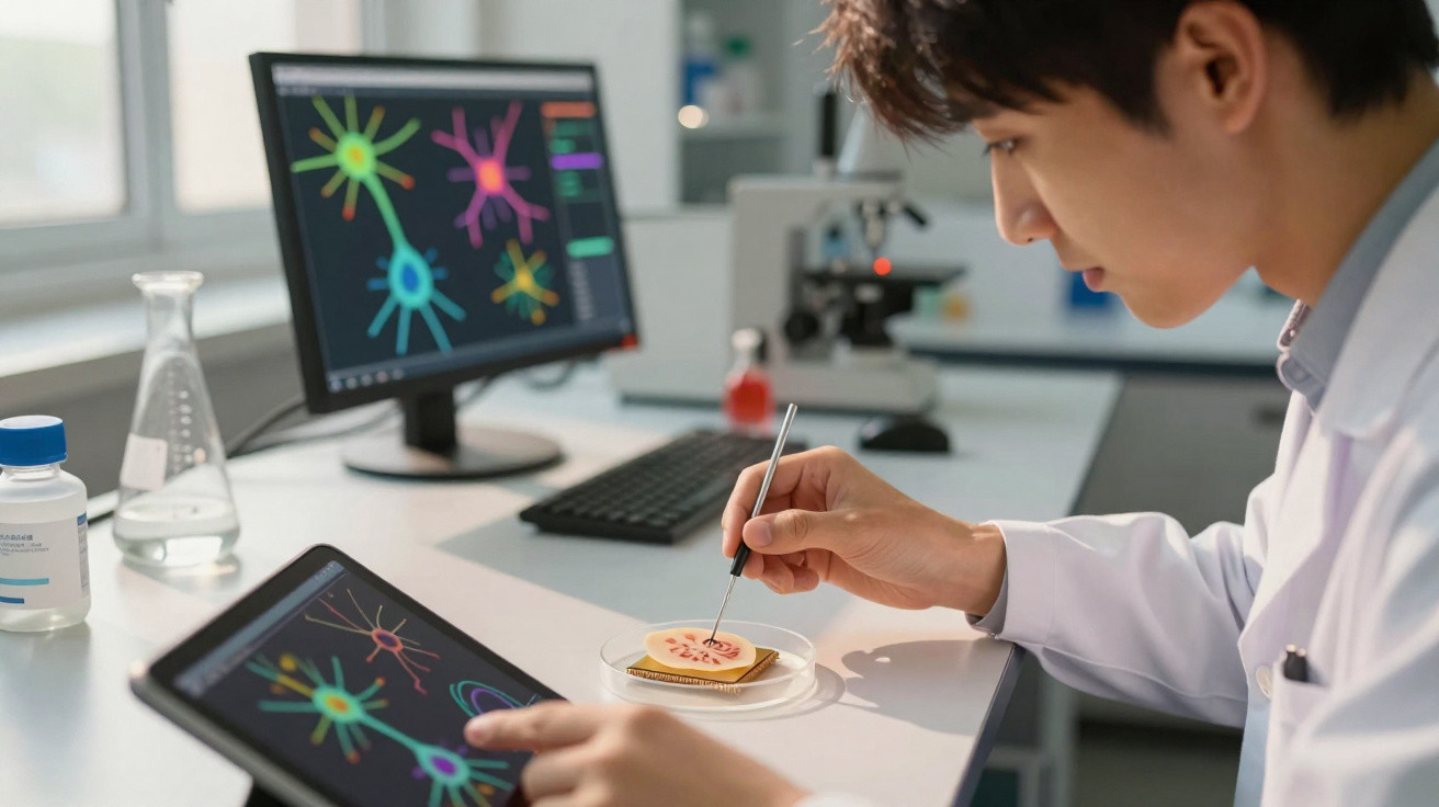Wissenschaftler in Labor zeichnet Nervenzellen auf Keks, Computer zeigt farbige neuronale Grafiken.