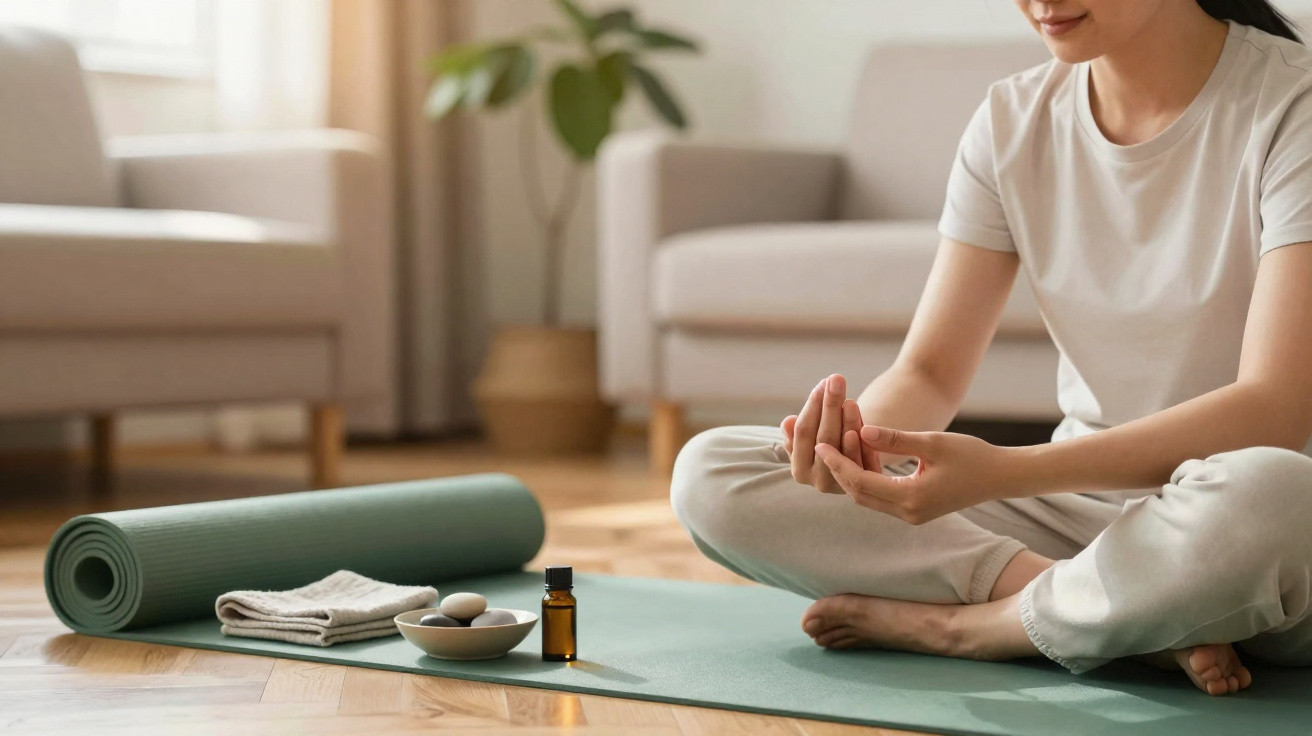 Frau meditiert im Schneidersitz auf Yogamatte in Wohnzimmer mit Aromatherapie-Öl und bequemer Kleidung.