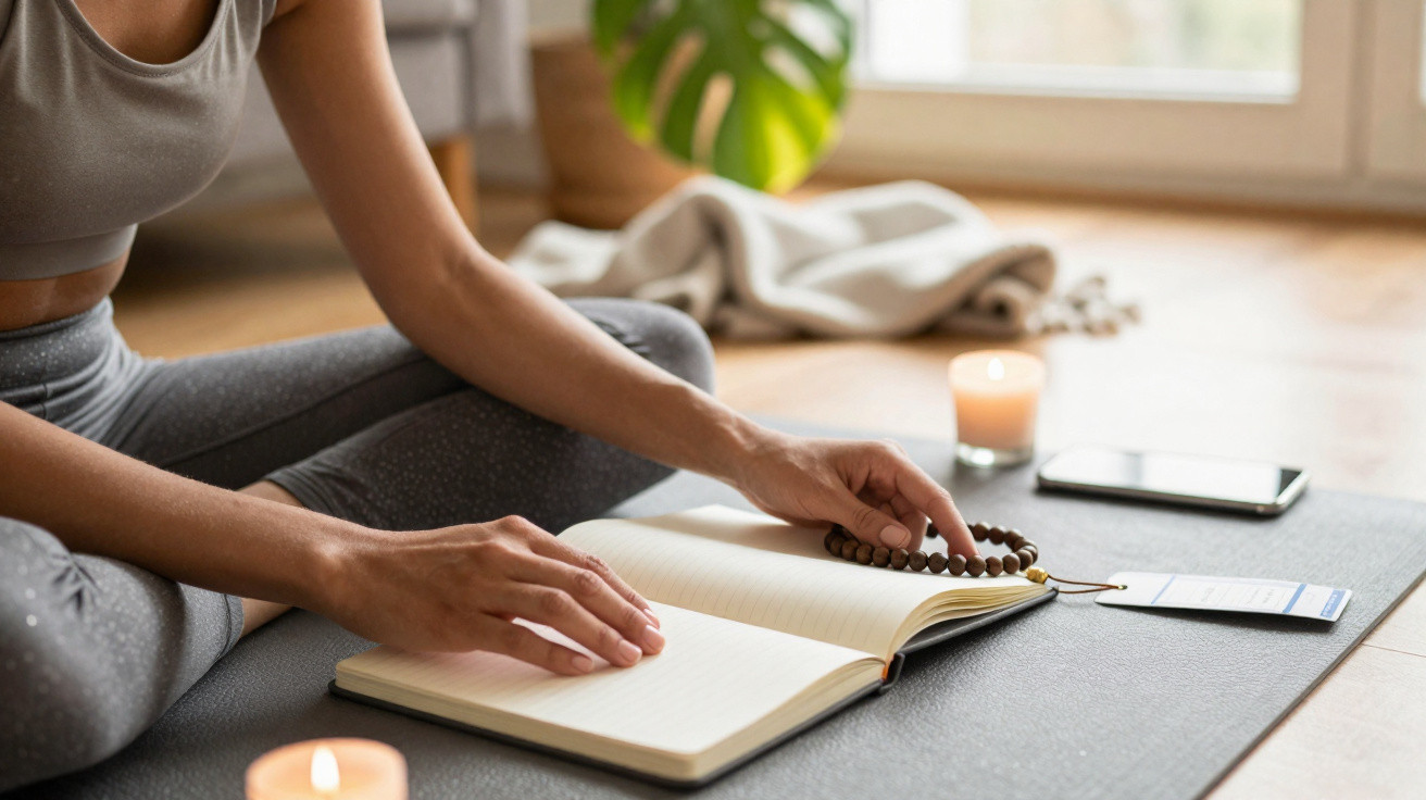 Frau sitzt auf Yogamatte, hält Gebetskette und blättert in leerem Notizbuch, umgeben von Kerzen und Smartphone.