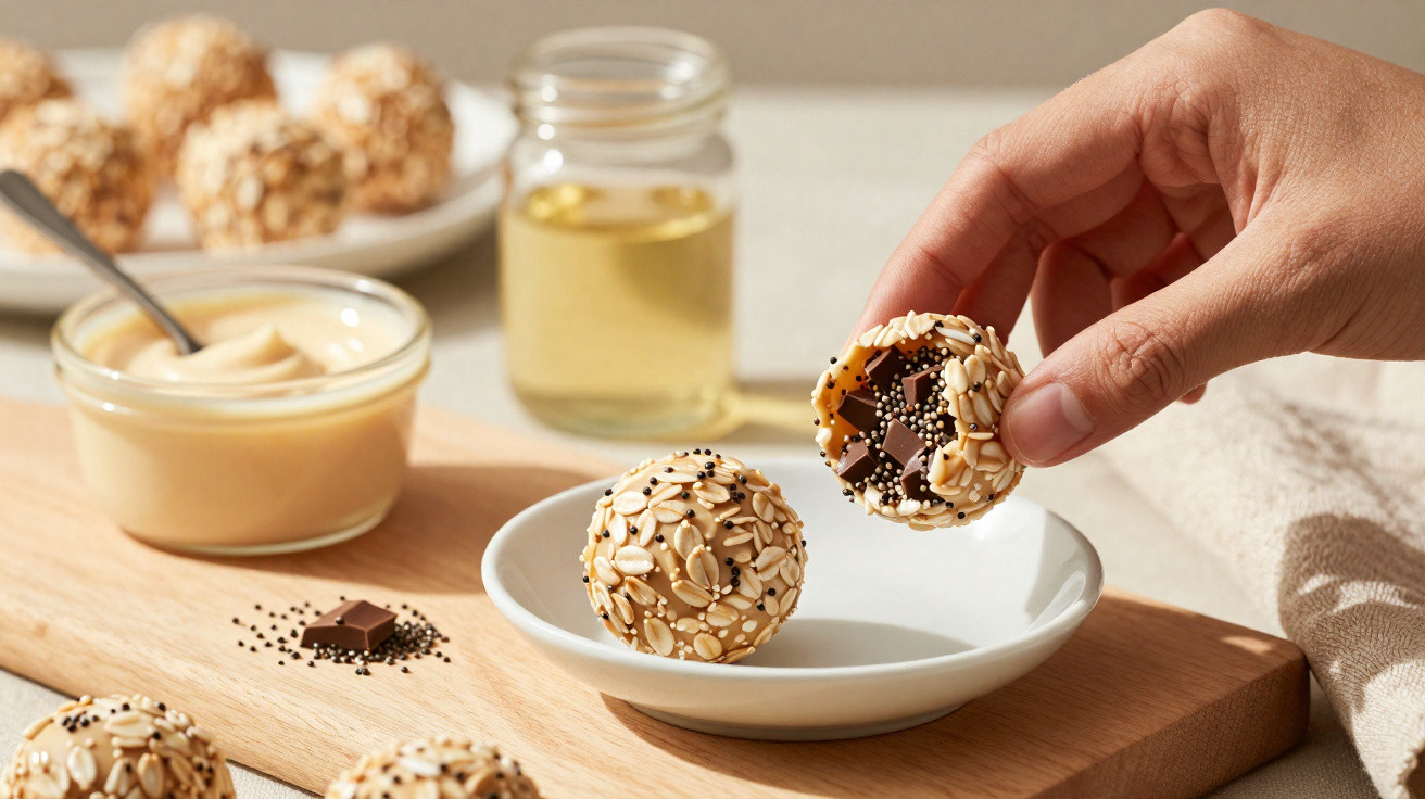 Hand hält eine Praline mit Sesam und Schokolade, daneben weitere Pralinen und Honigglas auf Holzbrett.