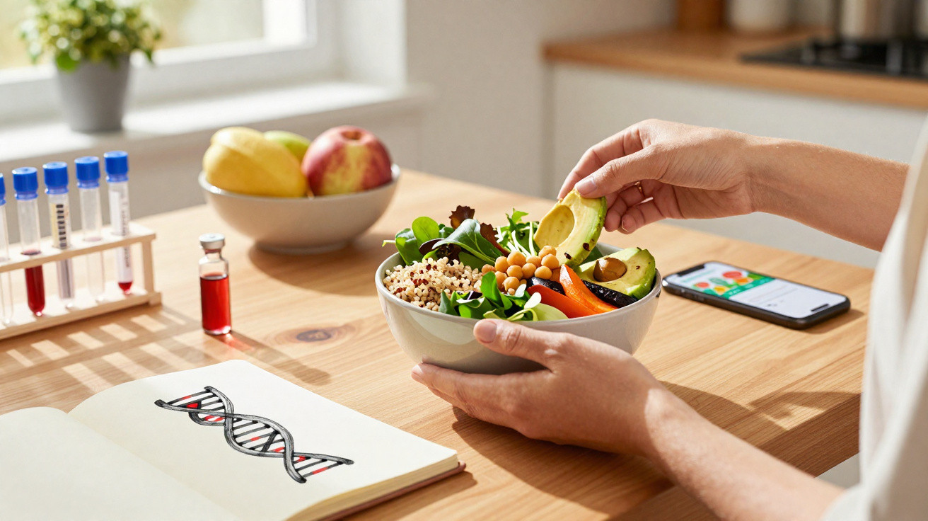 Person hält Schüssel mit gesunder Quinoa-, Avocado- und Gemüsemischung an hellem Holztisch mit DNA-Zeichnung.